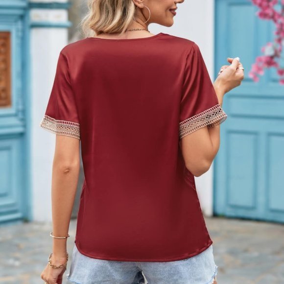 Contrast Trim Short Sleeve Plunge Blouse - Picture 10 of 12